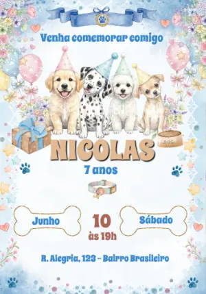 Convite de Aniversário Cachorrinhos Aquarela Editável