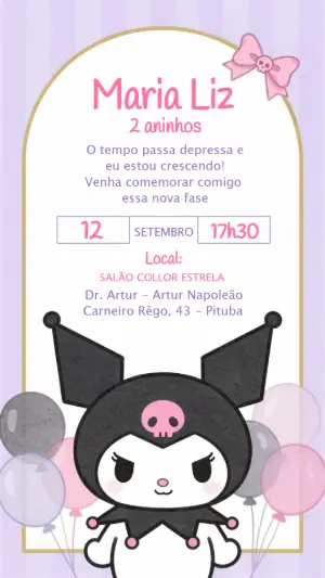 Convite Animado Kuromi Lilás para Aniversário Infantil Editável