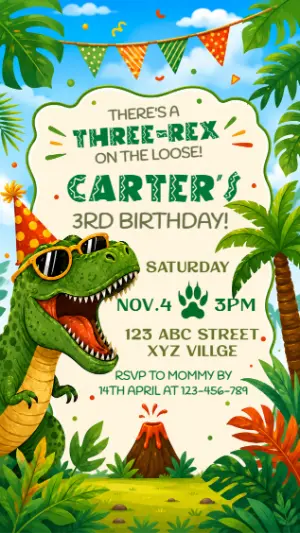 Editable Three-Rex Dinosaur Birthday Invitation Template
