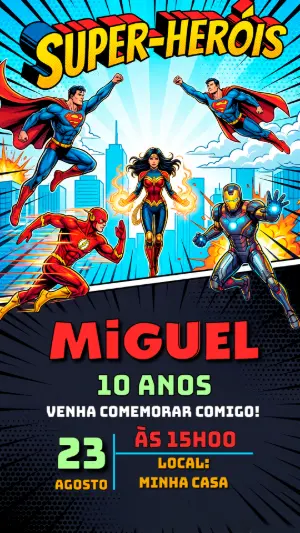 Convite de Aniversário Super-Heróis Estilo Quadrinhos para Editar