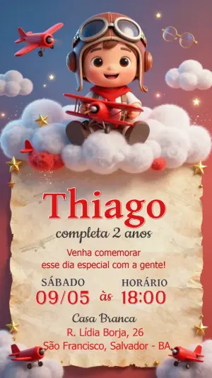 Convite de Aniversário Infantil Aviador para Editar Online