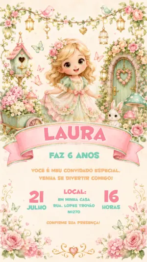 Convite de Aniversário Jardim Encantado Menina Editável