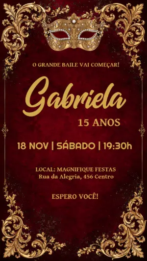 Convite 15 Anos Baile de Máscaras Vermelho e Dourado Editável