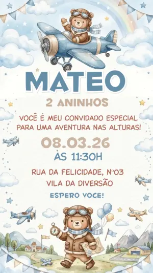 Convite de Aniversário Ursinho Aviador Aquarela Editável