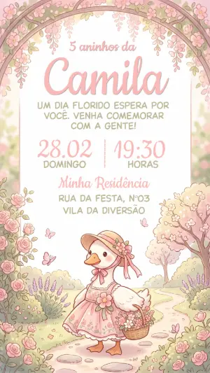 Convite de Aniversário Ganso Menina no Jardim Floral Editável