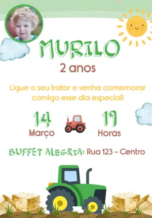 Convite de Aniversário Trator com Foto Editável