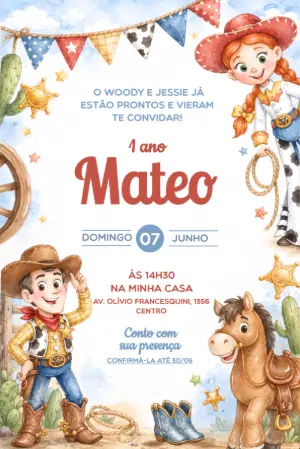 Convite de Aniversário Toy Story Aquarela Modelo Editável
