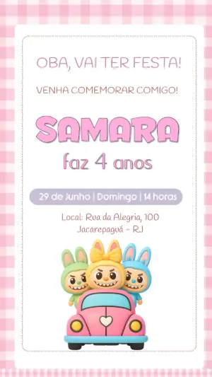 Convite de Aniversário Labubu com Bonecos Fofos para Editar