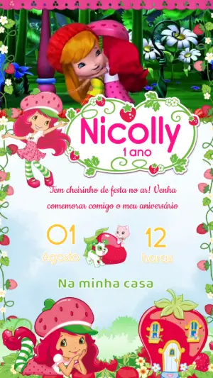 Convite Animado Aniversário Moranguinho para Editar Online