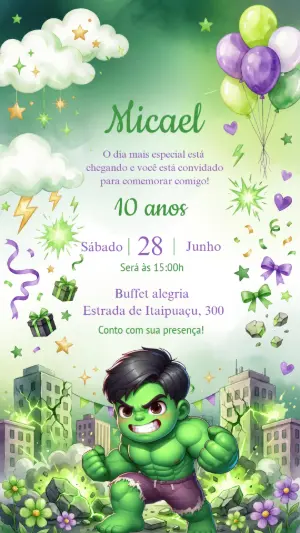Convite de Aniversário Hulk Aquarela para Editar