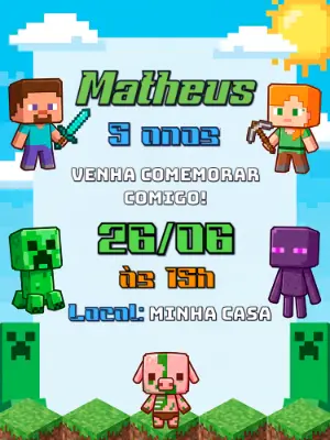 Convite de Aniversário Minecraft Pixelado para Editar