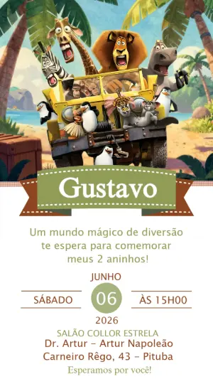 Convite de Aniversário Madagascar: Aventura na Selva Editável