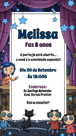 Convite Aniversário Coraline com Personagens para Editar Online