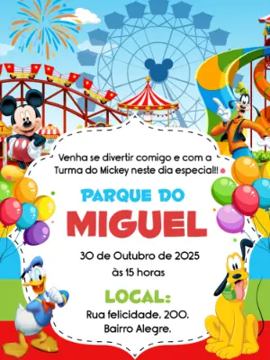 Convite Aniversário Parque do Mickey para Editar Online
