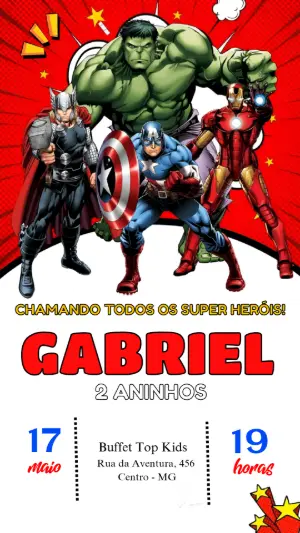 Convite de Aniversário Vingadores Super Heróis Editável Online