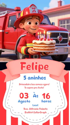 Convite de Aniversário Bombeiro Infantil 3D para Editar