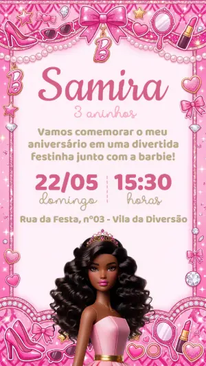 Convite de Aniversário Barbie Negra Rosa Editável