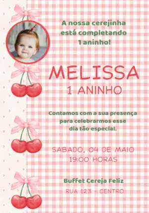 Convite de Aniversário Cerejinha com Foto para Editar Online