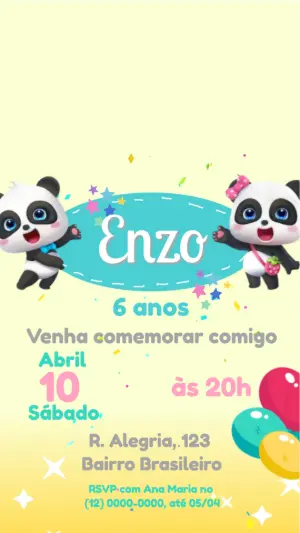 Convite Animado Infantil Panda Fofo para Editar e Enviar