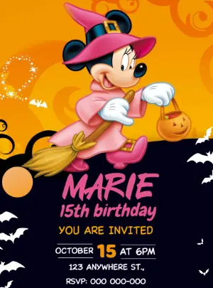 Minnie Witch Halloween Birthday Invitation - Editable Template