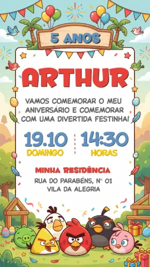 Convite de Aniversário Angry Birds Colorido para Editar