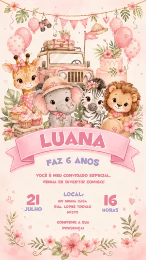 Convite de Aniversário Safari Rosa Animais Fofos Editável