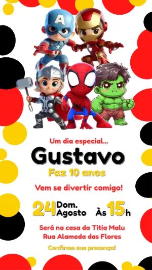 Convite Digital Heróis Baby para Aniversário Infantil Editável