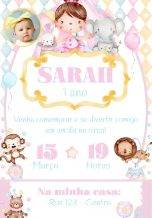 Convite de Aniversário Circo Rosa com Foto para Editar