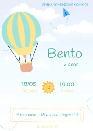Convite de Aniversário Infantil Balão no Céu Editável