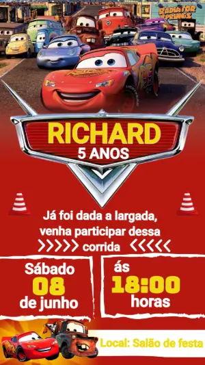 Convite de Aniversário Carros: Modelo Digital para Editar
