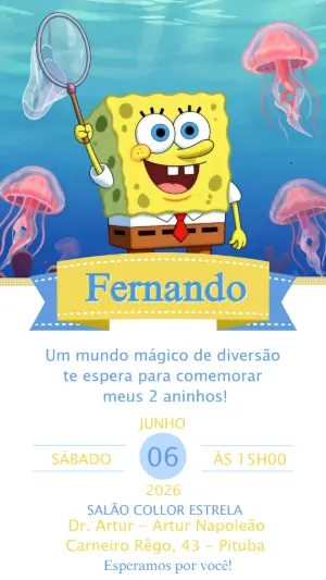Convite de Aniversário Bob Esponja Fundo do Mar Editável