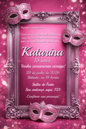 Convite de 15 Anos Baile de Máscaras Rosa e Prata Editável