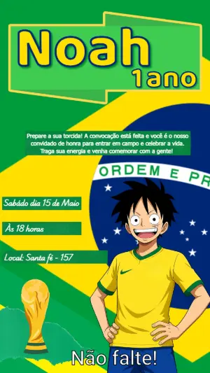 Convite de Aniversário Futebol Brasil Luffy Anime Editável