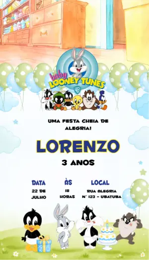 Convite Animado de Aniversário Baby Looney Tunes para Editar