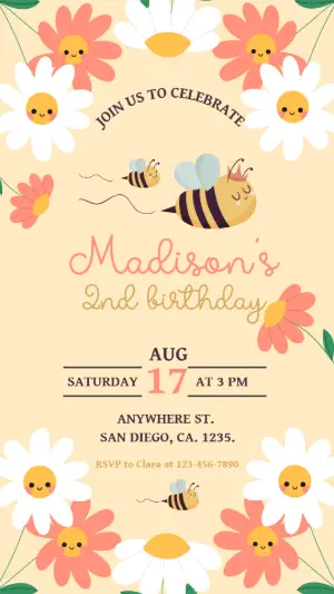 Cute Bee & Daisy Birthday Invitation Template to Edit