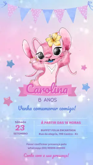 Convite de Aniversário Angel (Stitch) Rosa e Azul para Editar