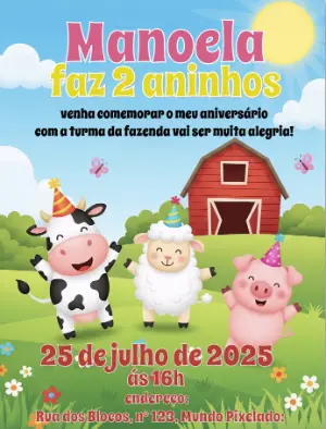 Convite Aniversário Fazendinha com Animais para Editar Online