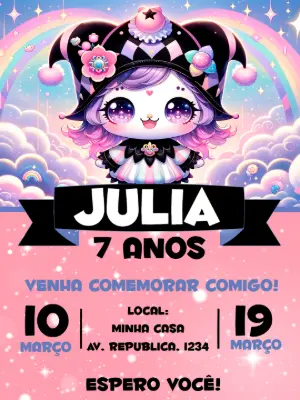 Convite de Aniversário Kuromi Bobo da Corte para Editar