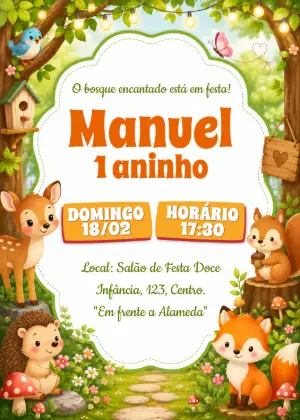 Convite de Aniversário Bosque Encantado Fofo para Editar