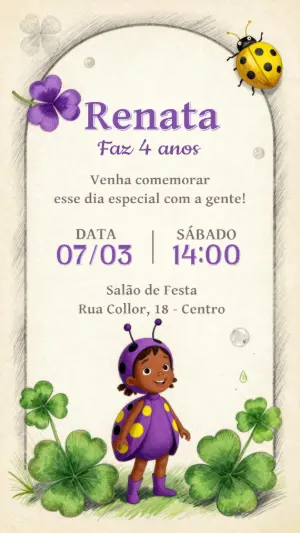 Convite de Aniversário Joaninha Roxa e Trevo para Editar