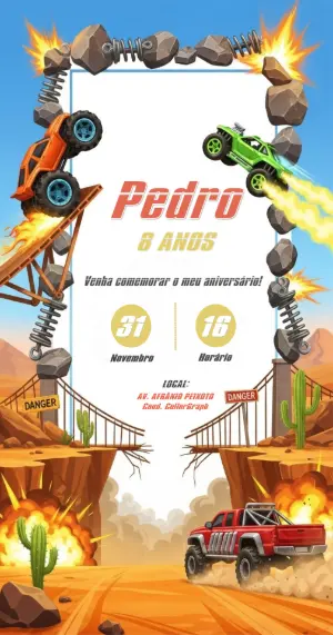 Convite de Aniversário Carros Radicais para Editar Online