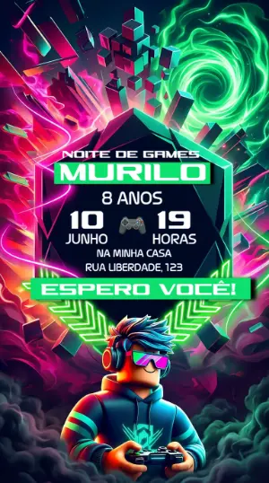 Convite de Aniversário Gamer Roblox Moderno para Editar