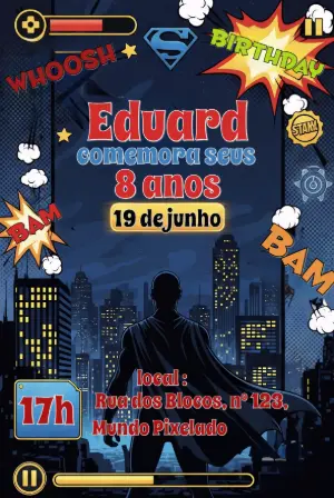 Convite de Aniversário Super Herói para Editar Online