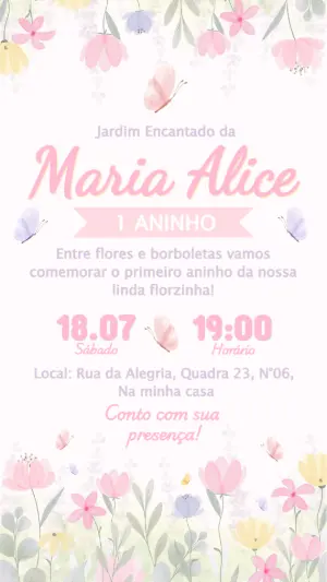 Convite de Aniversário Jardim Encantado Aquarela Editável