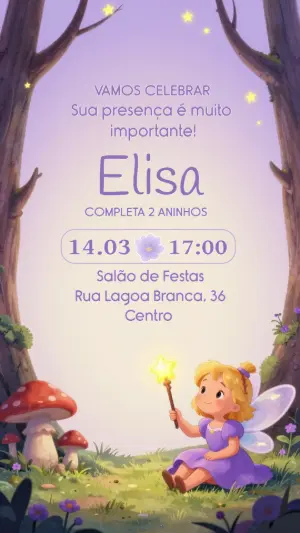 Convite de Aniversário Fada na Floresta Lilás Editável