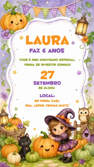 Convite de Aniversário Halloween Fofo para Editar Online