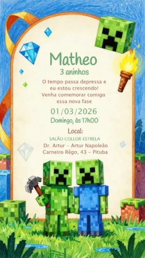 Convite de Aniversário Minecraft Desenhado para Editar