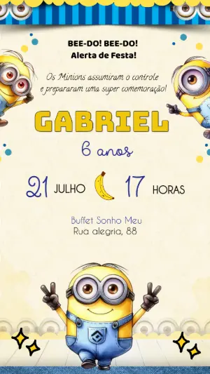 Convite de Aniversário Minions Amarelo e Azul para Editar