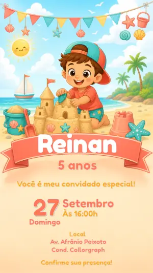 Convite de Aniversário Praia e Castelo de Areia Editável