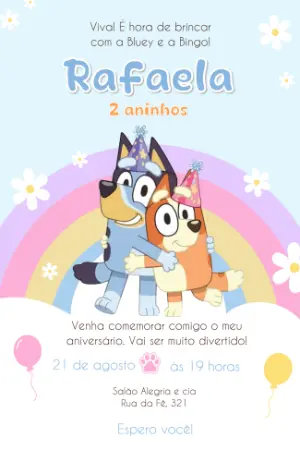 Convite de Aniversário Bluey e Bingo Colorido para Editar